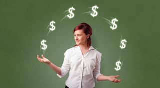 Young happy person juggle with dollar symbol